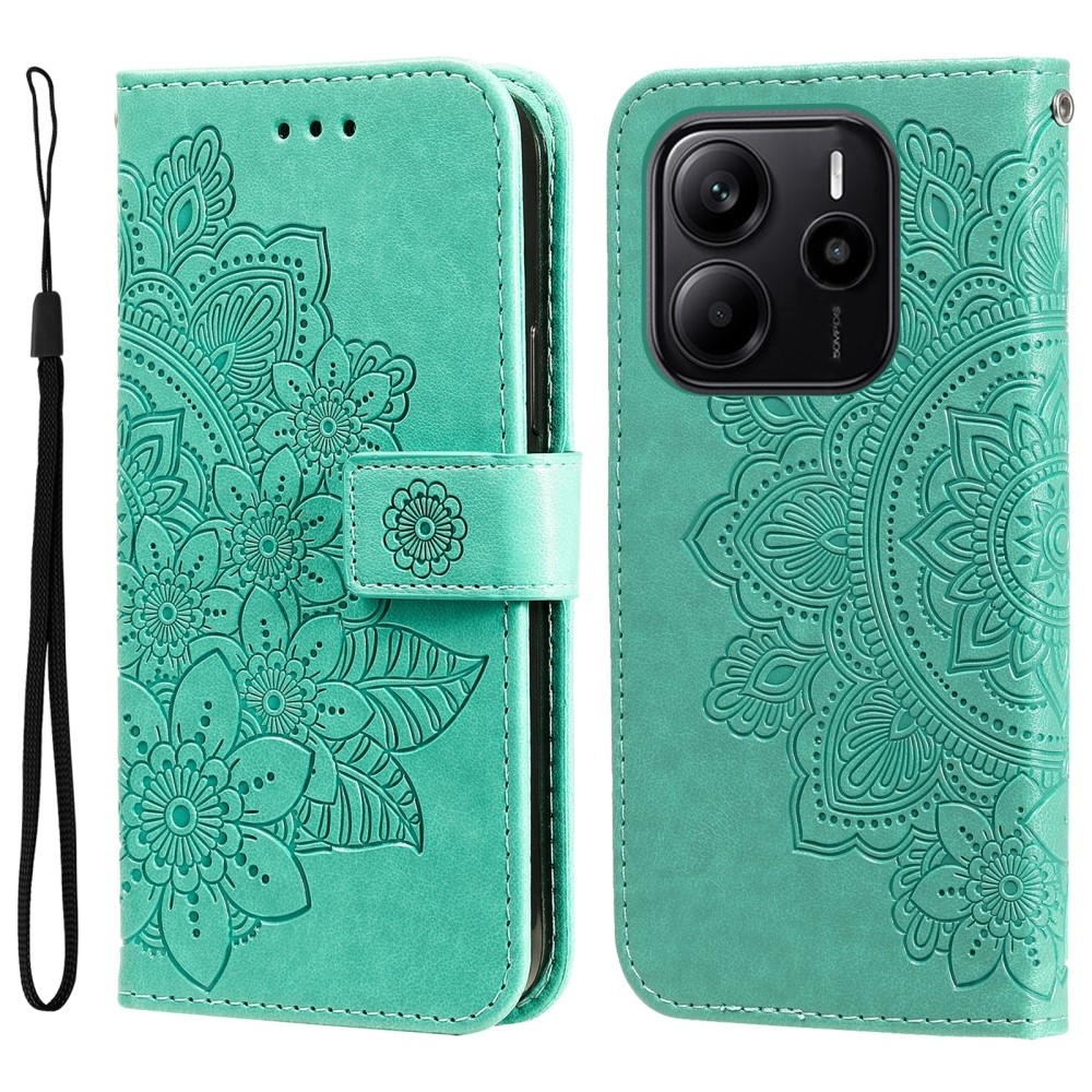 Virágos könyv tok a Xiaomi Redmi Note 14-hez - teal színű