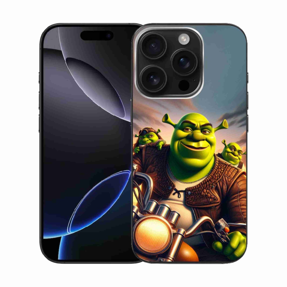 Zselés borítás mmCase iPhone 16 Pro készülékhez - Shrek egy motorkerékpáron
