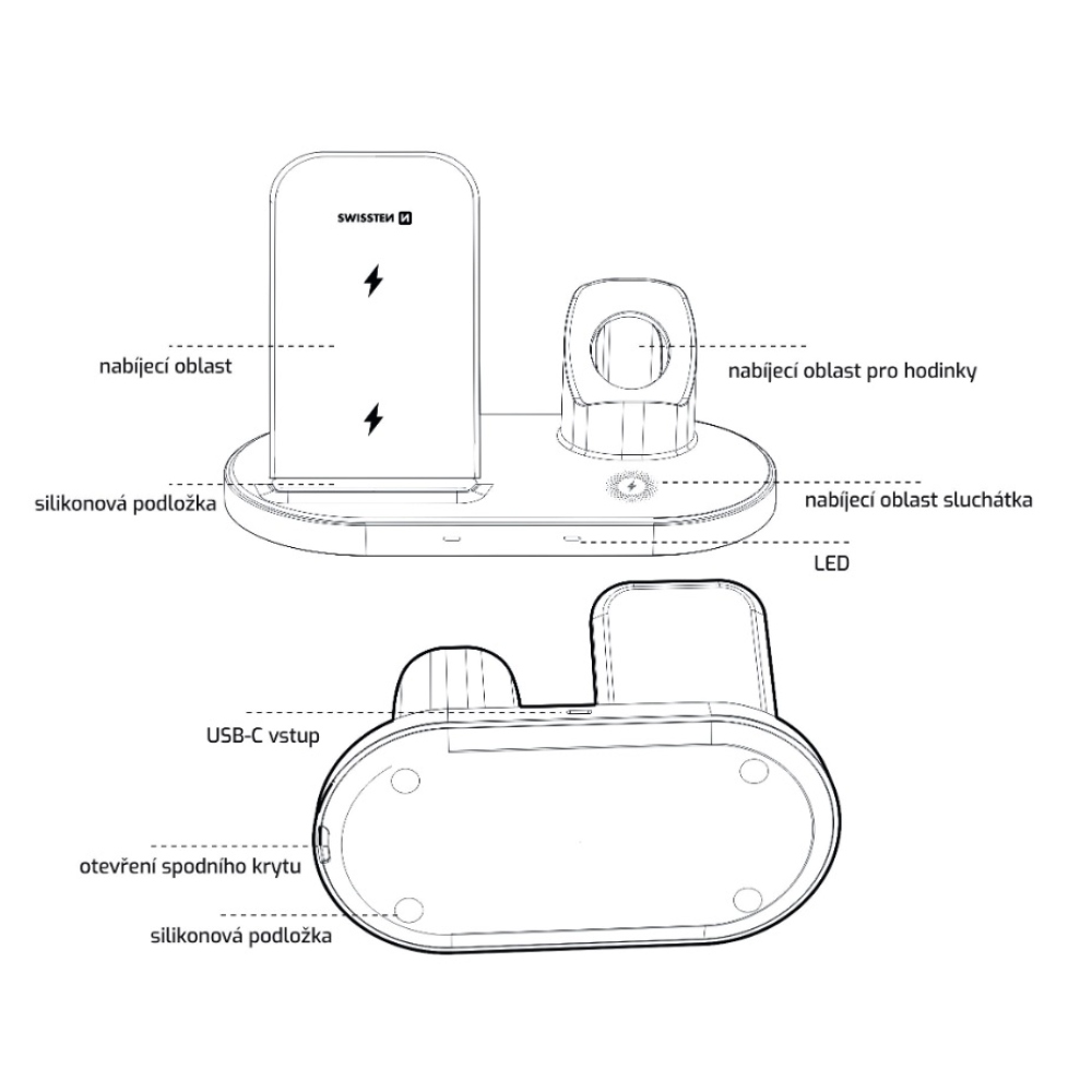 Swissten 3in1 állomás vezeték nélküli töltő az Apple és a Samsung számára - fekete színű