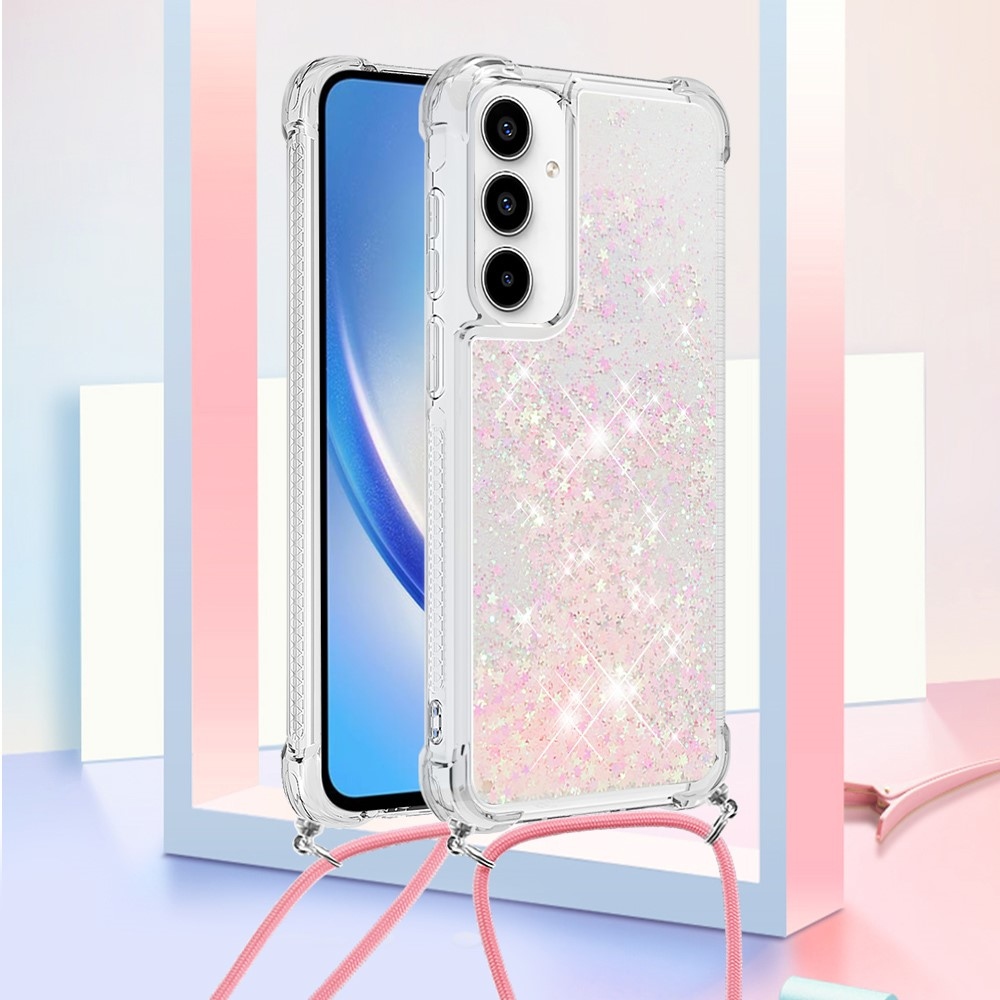 Csillogó homokóra zselés tok húzózsinórral Samsung Galaxy A56 5G - rózsaszín/csillagok