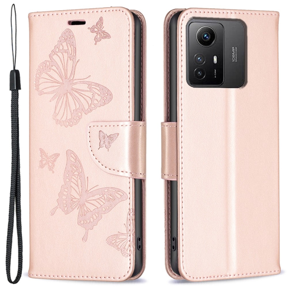 Pillangó könyv tok a Xiaomi Redmi Note 12S-hez - rózsaarany színben