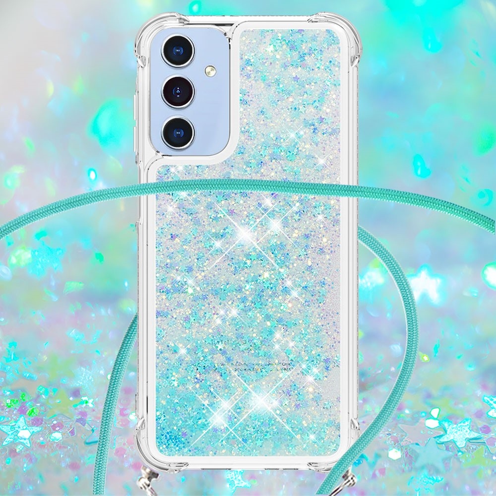 Csillogó homokóra zselés tok zsinórral Samsung Galaxy A26 5G-hez - kék/csillagok