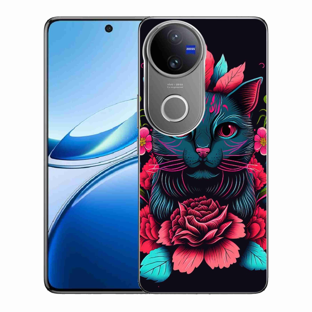 Zselés borító mmCase a Vivo V50 5G-hez - virágok és macska