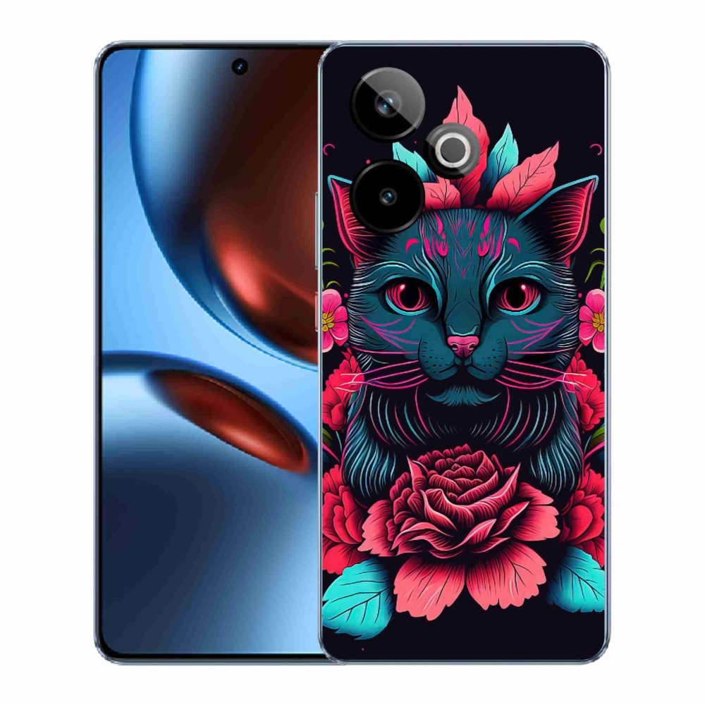 Rugalmas zselés tok mmCase képpel a Realme GT 7 5G/GT 7T 5G számára - virágok és macska