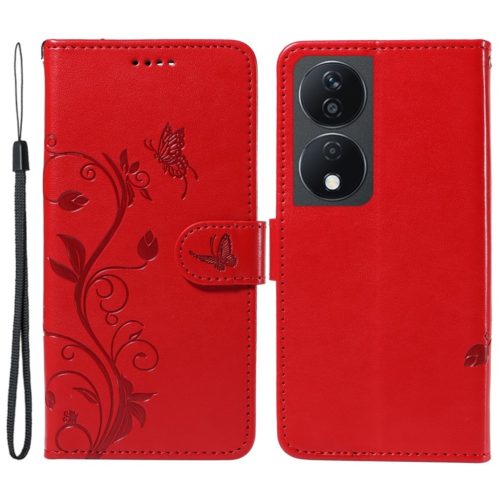 Virágok könyvtáska a Honor X7b/Honor 90 Smart-hoz - piros