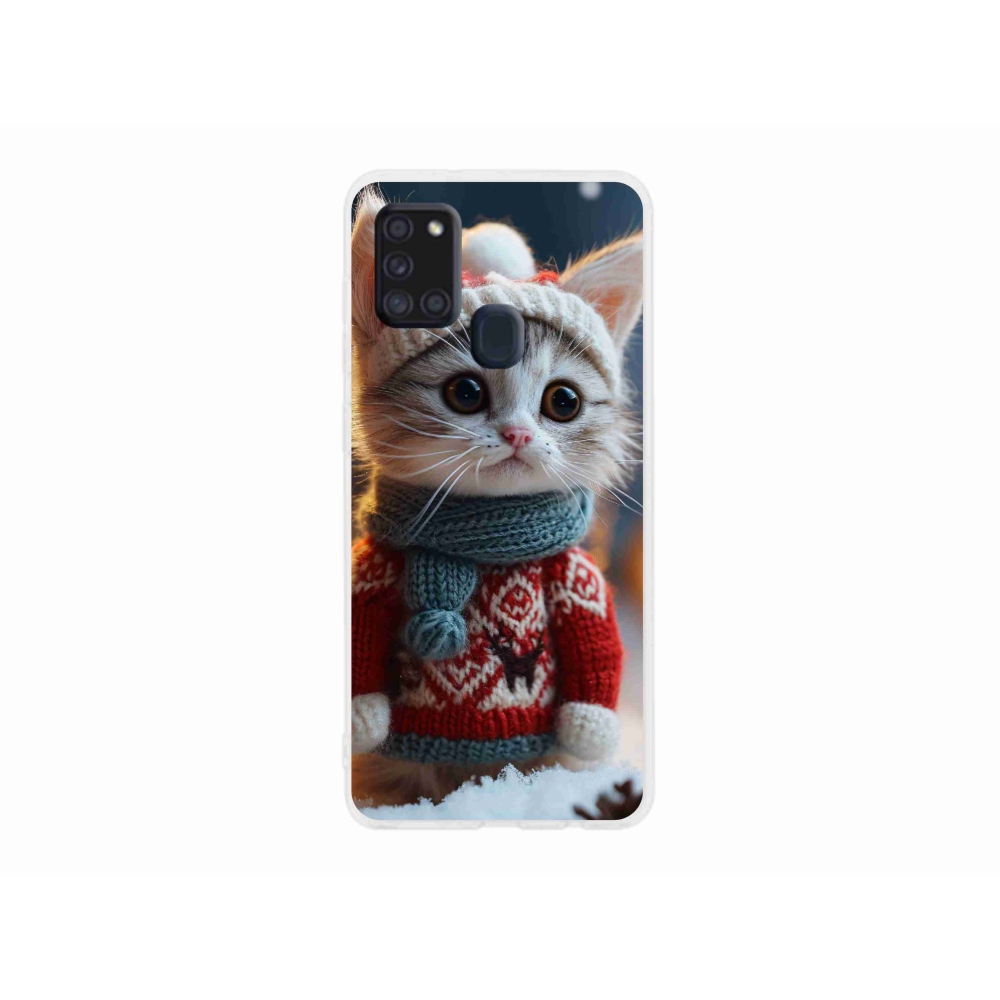 Gél borítás mmCase Samsung Galaxy A21s készülékhez - cica pulóverben