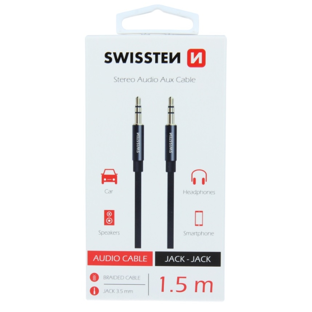 Audiokábel Swissten textil JACK - JACK 1,5 m - fekete