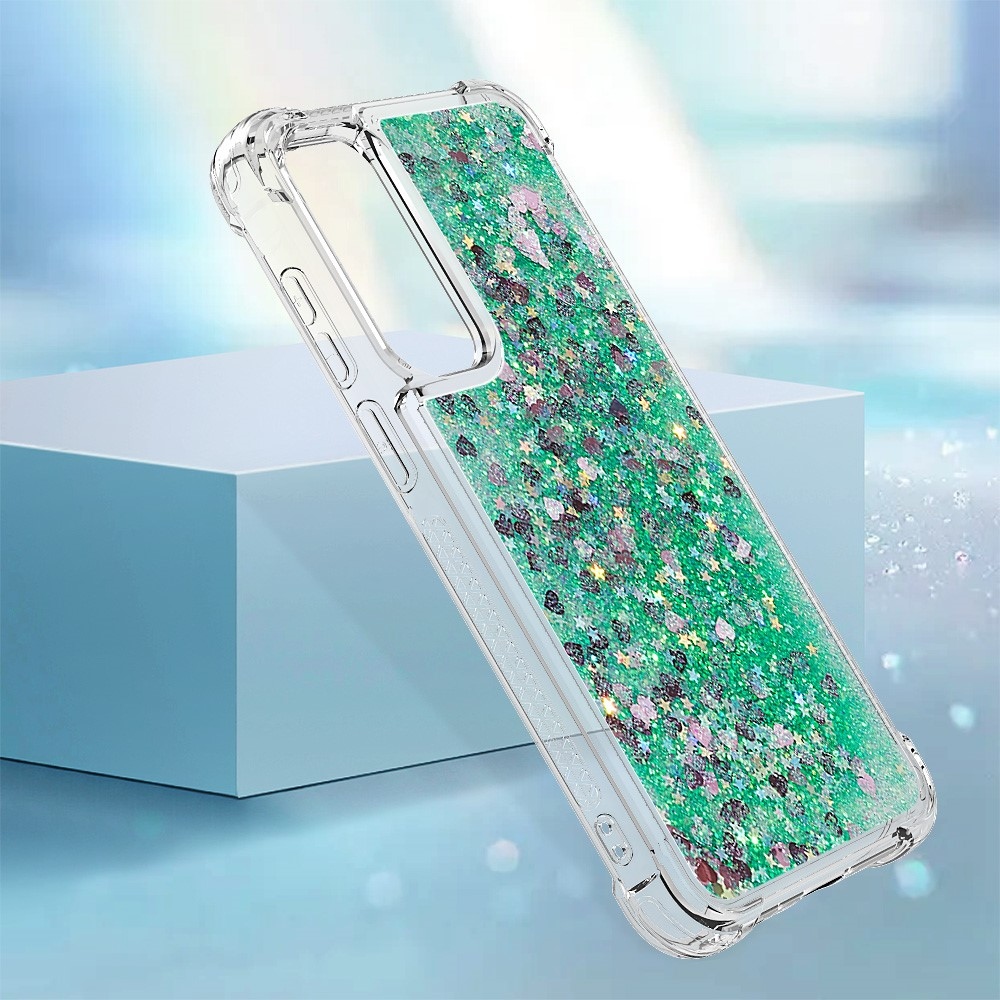 Glitter zselés homokóra tok Samsung Galaxy A35 5G - zöld/szív