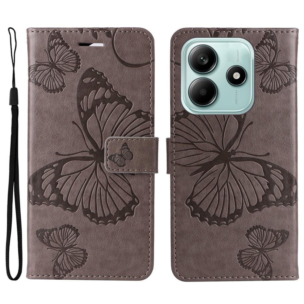 Nagy pillangó könyv tok a Xiaomi Redmi Note 14 5G-hez - szürke