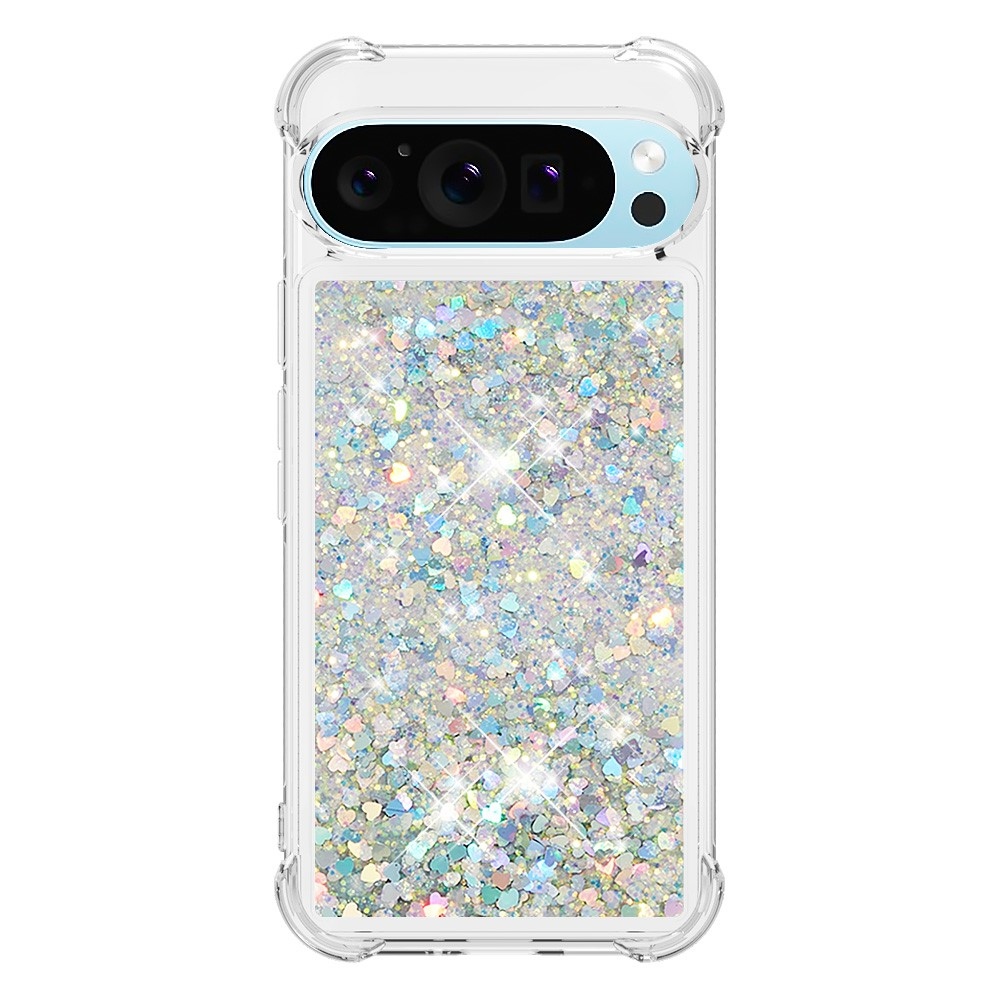 Csillogó homokóra zselés tok Google Pixel 10 Pro/Pixel 10 készülékhez - ezüst/szív