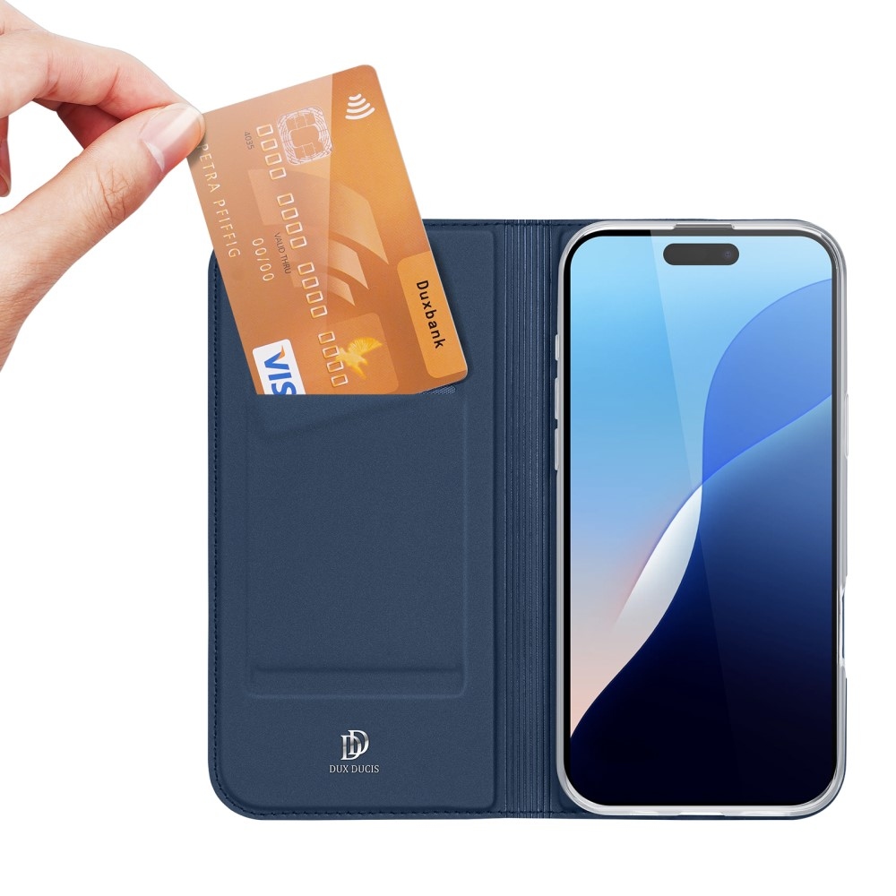 DUX könyvtáska iPhone 16 Pro készülékhez - sötétkék