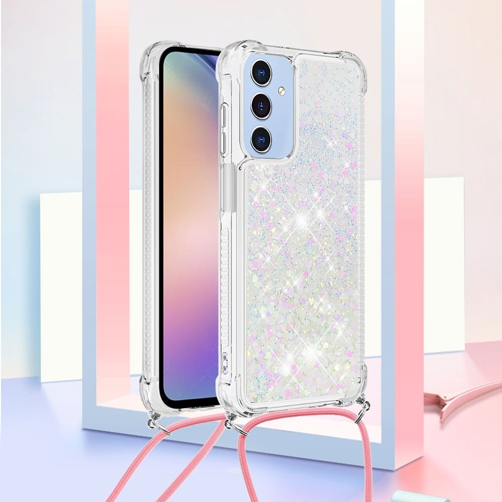 Csillogó homokóra zselés tok zsinórral Samsung Galaxy A26 5G - rózsaszín/ezüst/szívecske