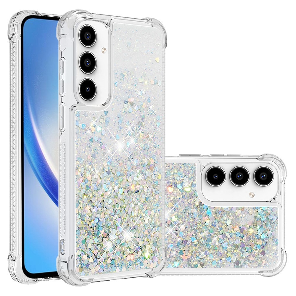 Csillogó zselés homokóra tok Samsung Galaxy A35 5G - ezüst/szív