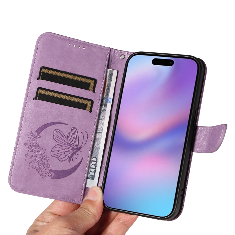 Virágos pillangó könyvtáska iPhone 17 készülékhez - világos lila