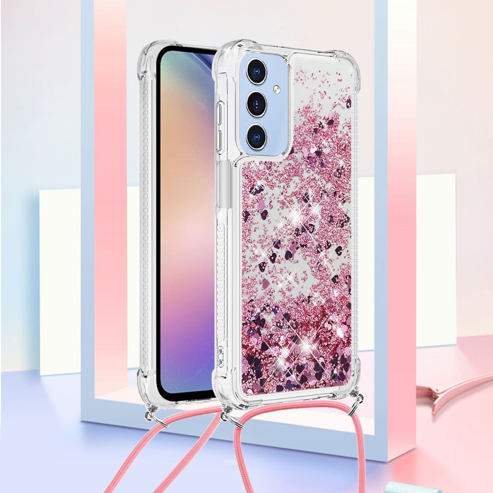 Csillogó homokóra zselés tok húzózsinórral Samsung Galaxy A17 5G - rózsaarany/szív