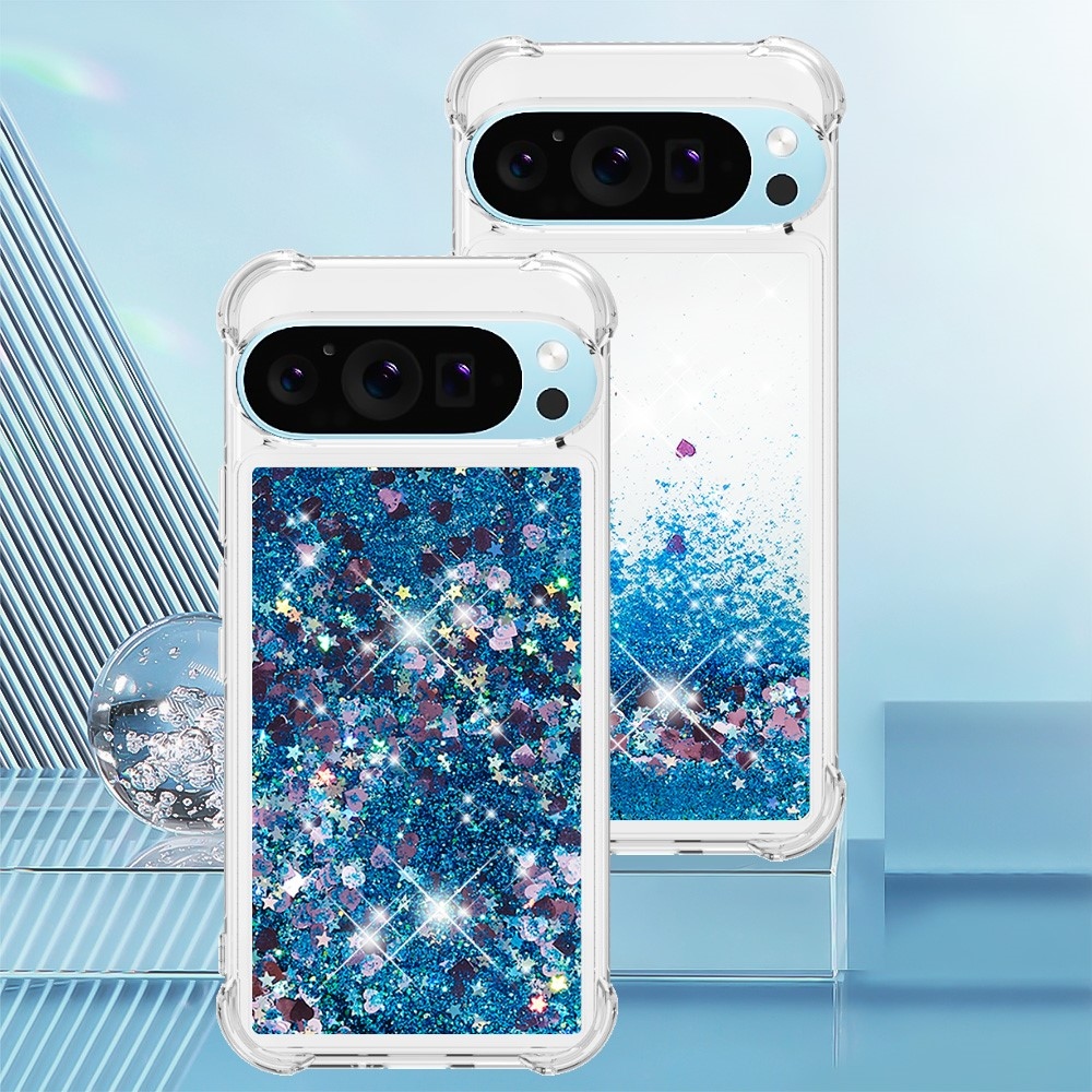 Csillogó homokóra zselés tok Google Pixel 10 Pro/Pixel 10 - kék/szív