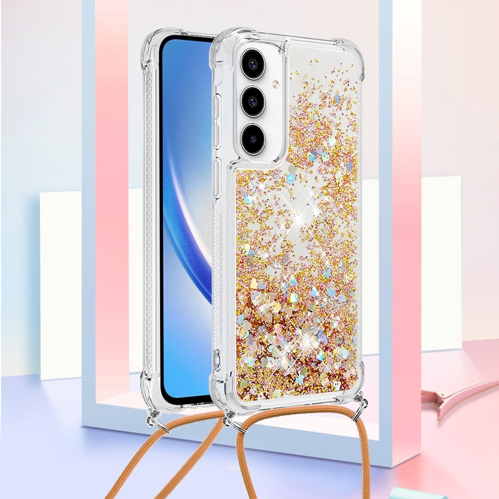 Csillogó homokóra zselés tok zsinórral Samsung Galaxy A36 5G - arany/szív