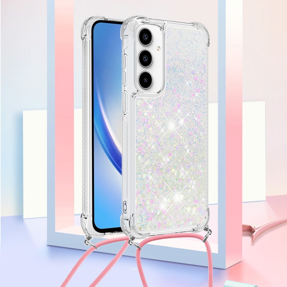 Csillogó homokóra zselés tok zsinórral Samsung Galaxy A56 5G - rózsaszín/ezüst/szívecske