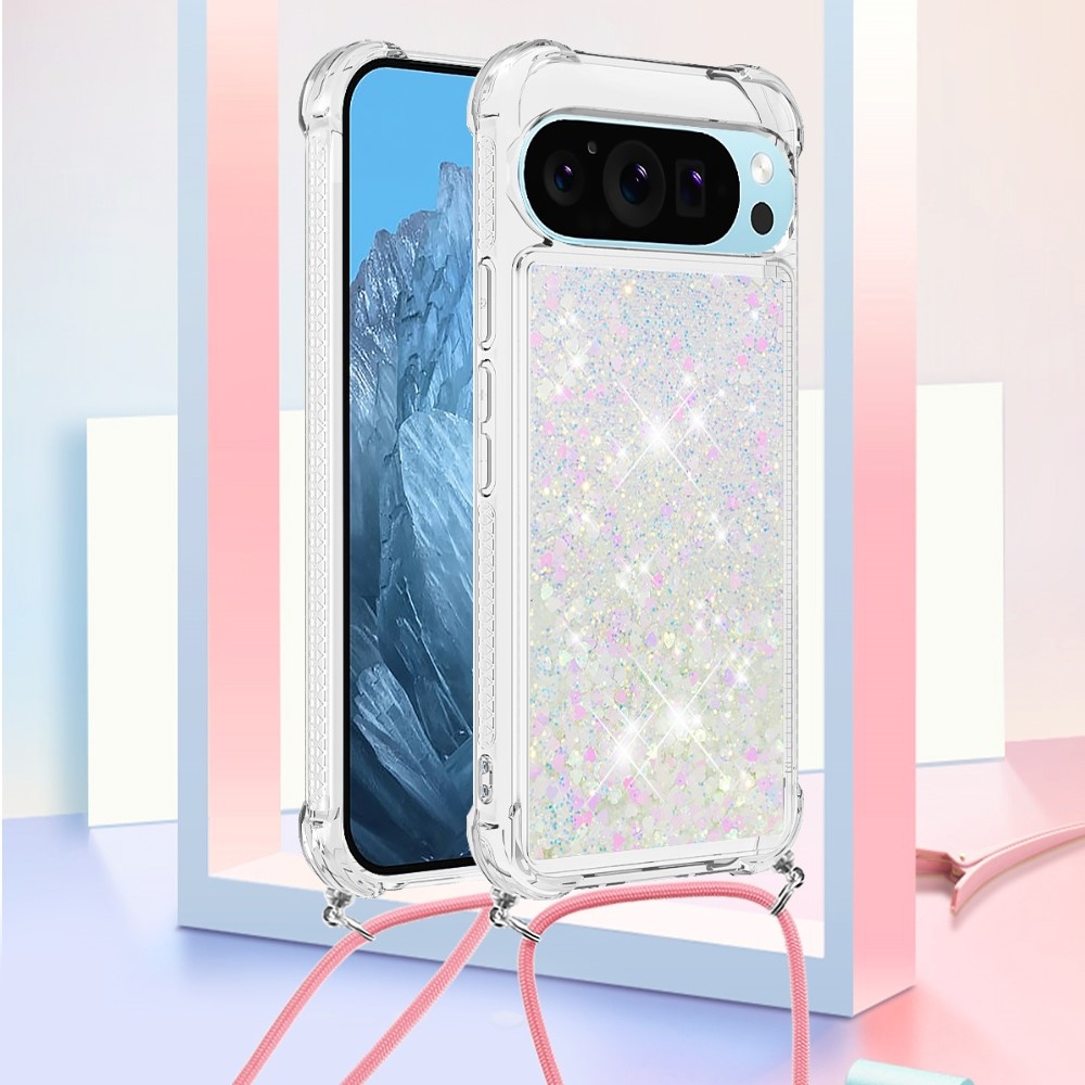 Csillogó homokóra zselés tok húzózsinórral Google Pixel 10 Pro/Pixel 10 - rózsaszín/ezüst/szív