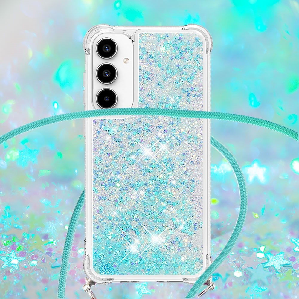 Csillogó homokóra zselés tok húzózsinórral Samsung Galaxy A56 5G - kék/csillagok