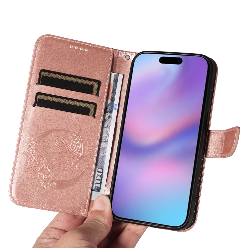 Virágos pillangó könyv tok iPhone 17 készülékhez - rózsaarany
