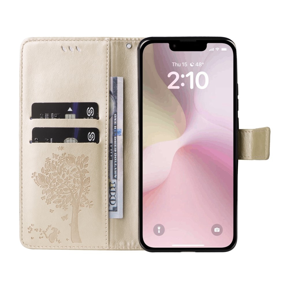Fák könyvtáska iPhone 16e készülékhez - arany színben