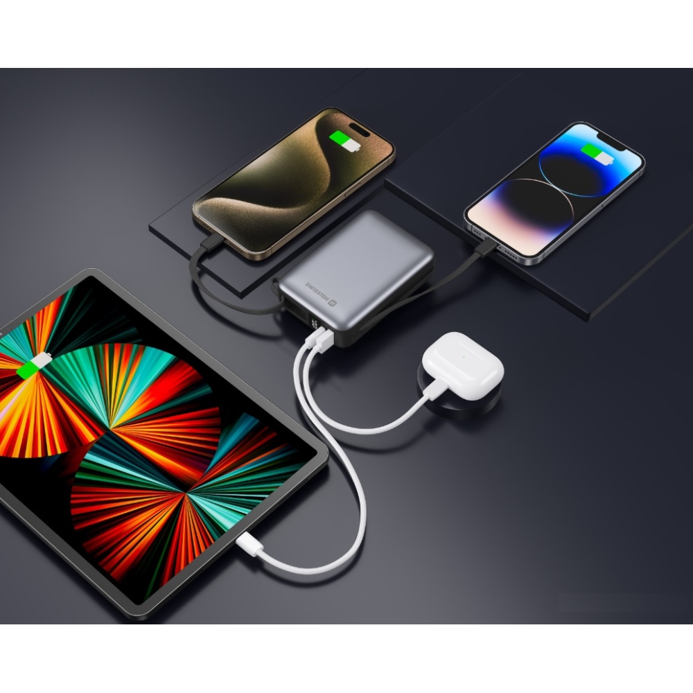 Swissten Powerbank integrált USB-C és Lightning kábelekkel, 20000 mAh - ezüst