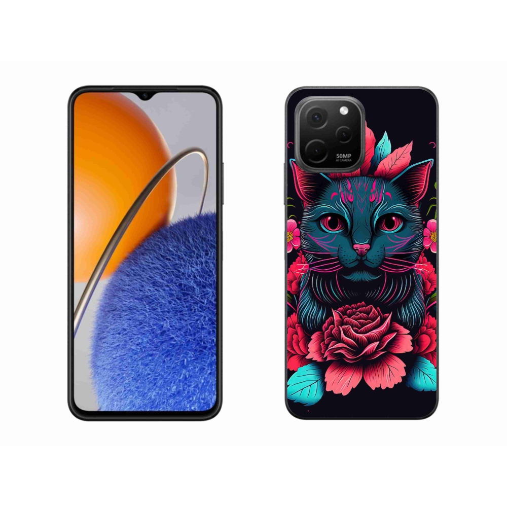 Gél borító mmCase a Huawei Nova Y61-hez - virágok és macska