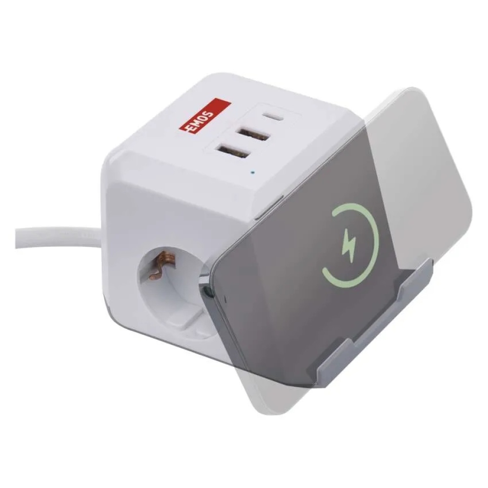 Hosszabbító kábel - kocka 2 m / 2 aljzat / fehér / 2×USB-A+1×USB-C+Qi / 1,5 mm2