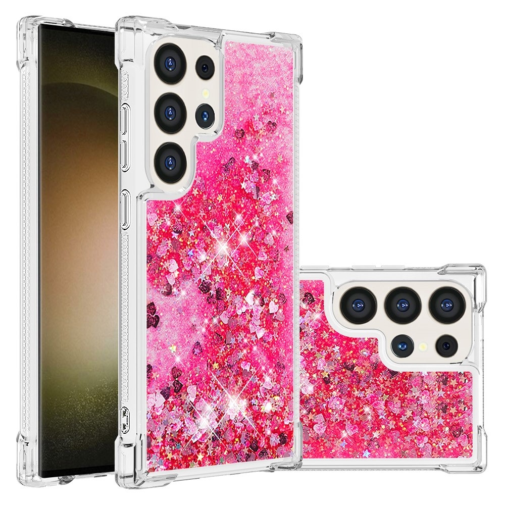 Csillogó homokóra zselés tok Samsung Galaxy S24 Ultra készülékhez - rózsaszín/szív