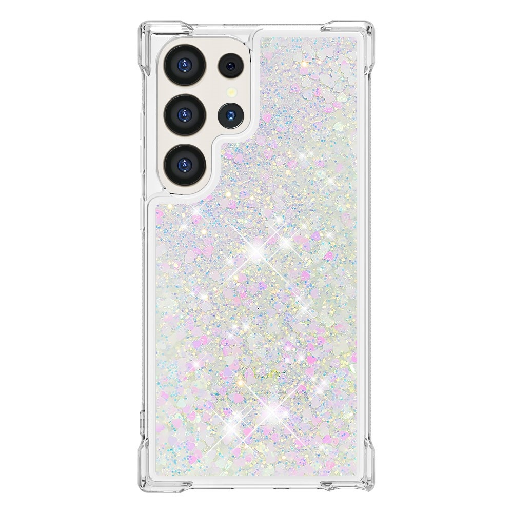 Csillogó homokóra zselés tok Samsung Galaxy S24 Ultra készülékhez - rózsaszín és ezüst/szívecske