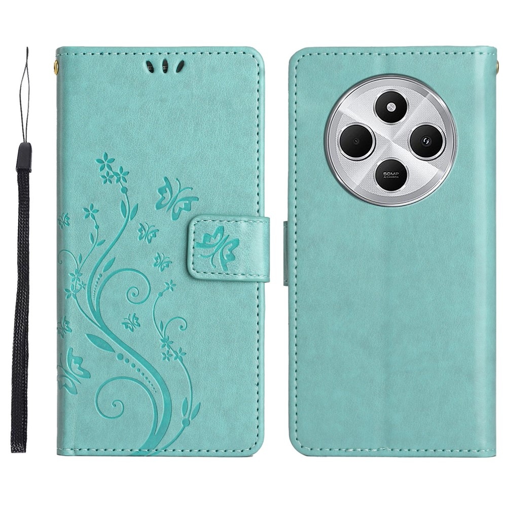 Virágok könyv tok Xiaomi Redmi 14C/Poco C75-hez - teal színű