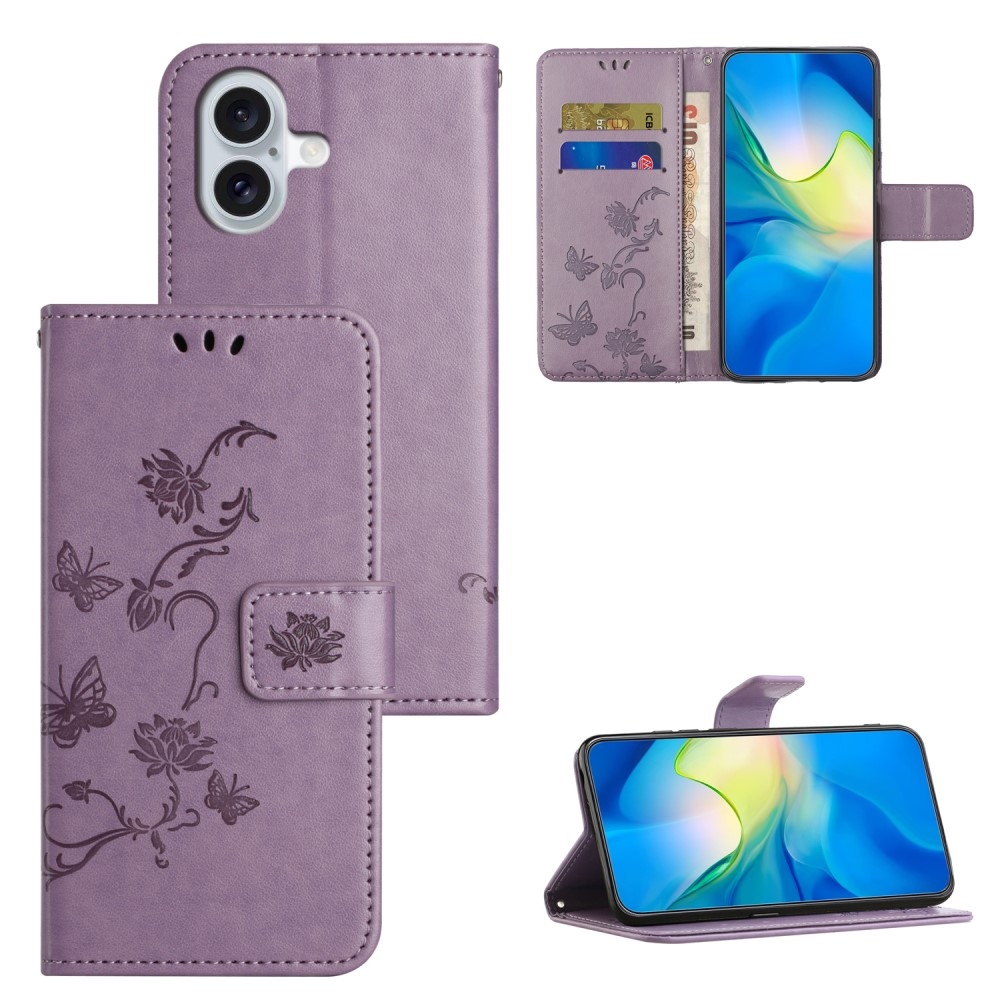 Virágos könyvtáska iPhone 16-hoz - világos lila