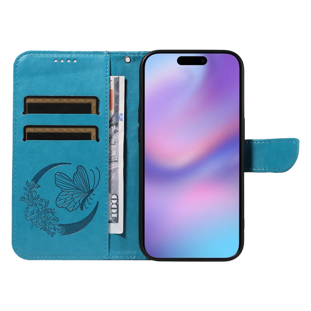 Virágos pillangó könyvtáska iPhone 17 készülékhez - kék