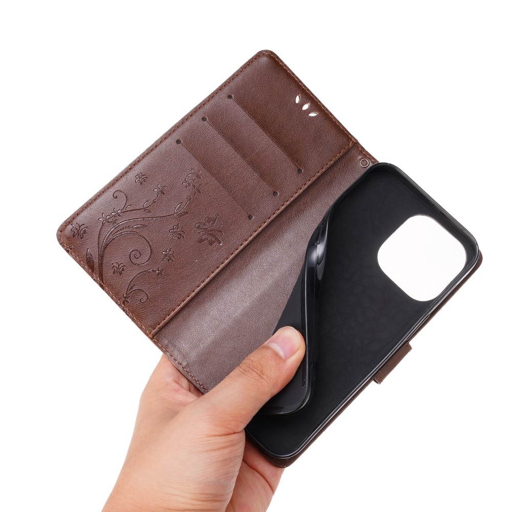 Virágok könyvtáska iPhone 15 Pro készülékhez - barna