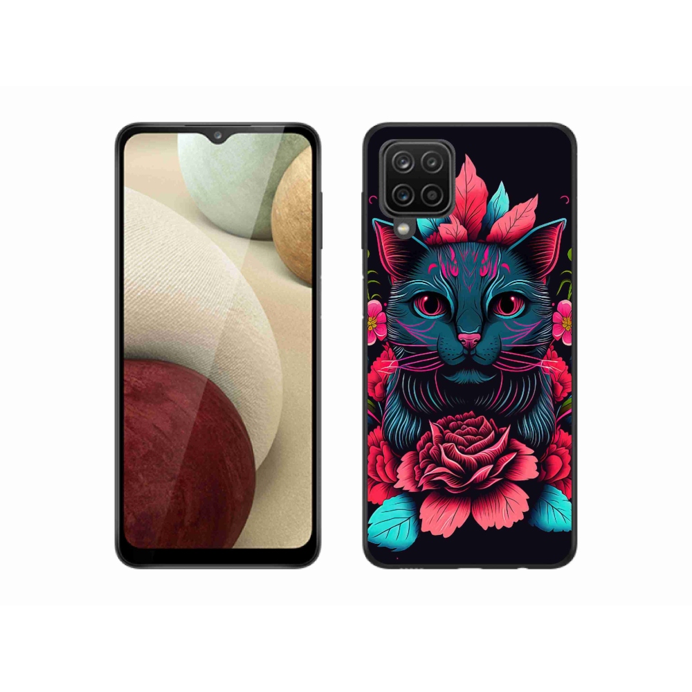 Gél borítás mmCase Samsung Galaxy A12 készülékhez - virágok és macska