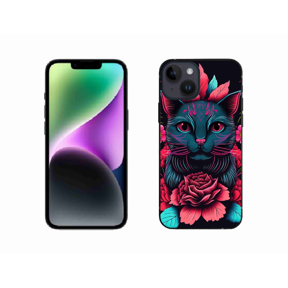 Gél borítás mmCase iPhone 14 készülékhez - virágok és macska