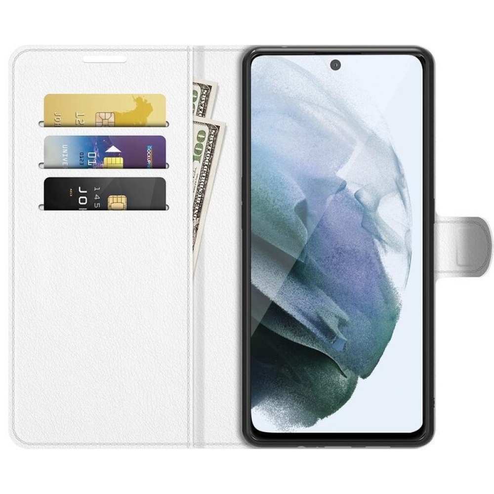 Litchi PU bőr pénztárca tok Samsung Galaxy S21 FE 5G készülékhez - fehér