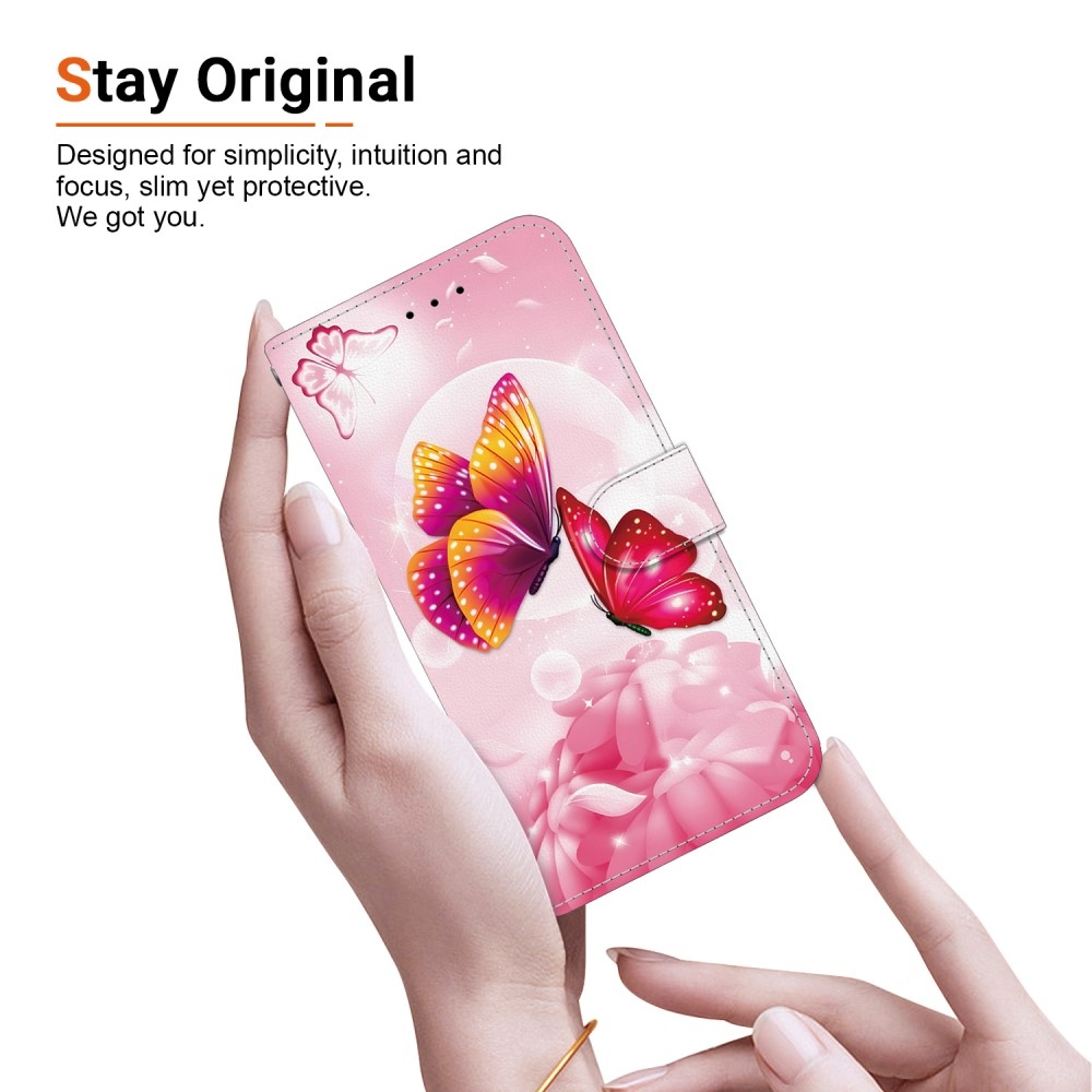 Sokoldalú könyvtáska Samsung Galaxy A36 5G/A56 5G - rózsaszín pillangókhoz
