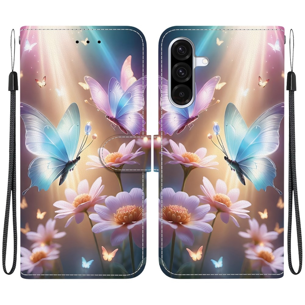 Sokoldalú könyvtáska Samsung Galaxy A36 5G/A56 5G - pillangók és százszorszépek - Samsung Galaxy A36 5G/A56 5G számára
