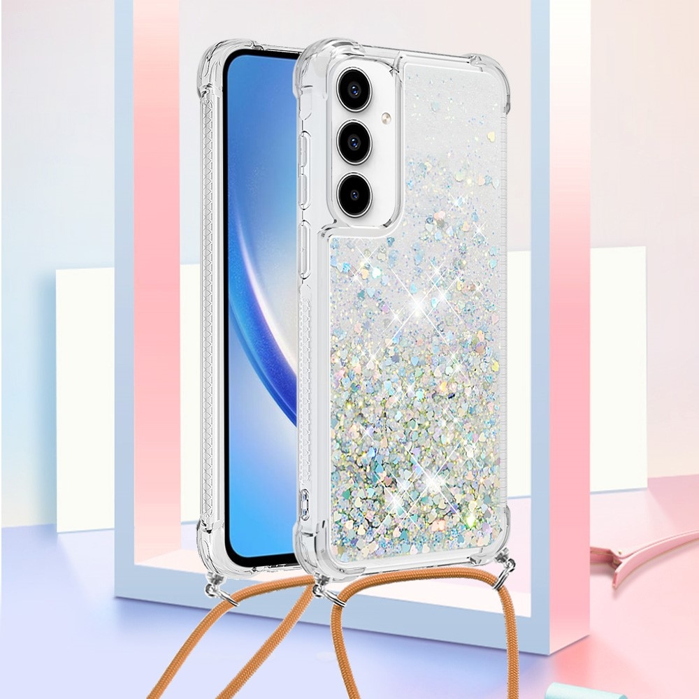 Csillogó homokóra zselés tok zsinórral Samsung Galaxy A56 5G-hez - ezüst/szívecske