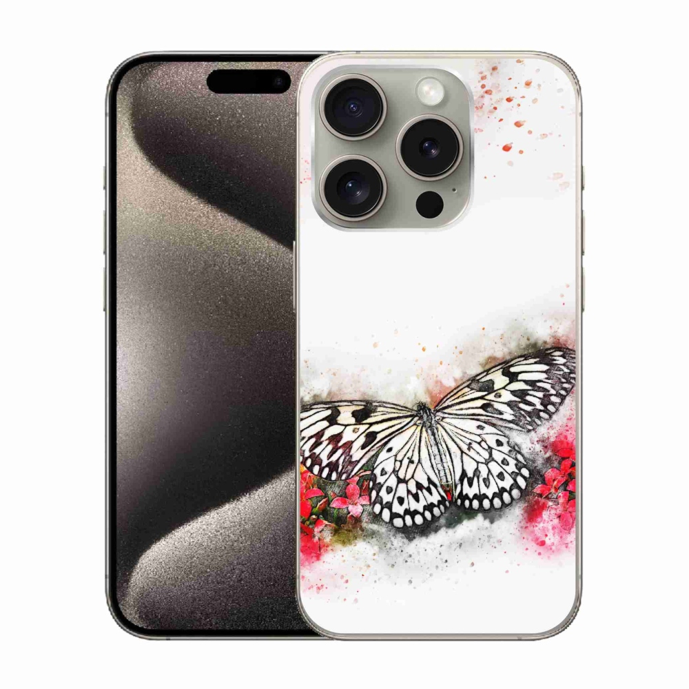 Zselés borítás mmCase iPhone 15 Pro készülékhez - fekete-fehér pillangó