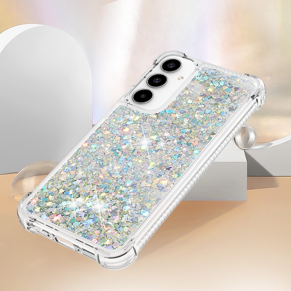 Csillogó zselés homokóra tok Samsung Galaxy A35 5G - ezüst/szív