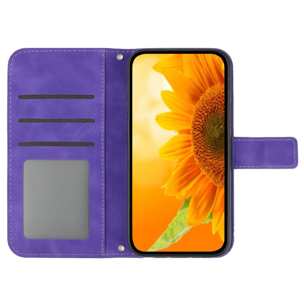 Napraforgó könyv tok Xiaomi Redmi Note 14 Pro-hoz - sötétlila