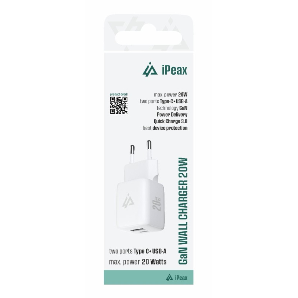 iPEAX GaN hálózati töltő 20 W 1x USB-C és 1x USB-A - fehér