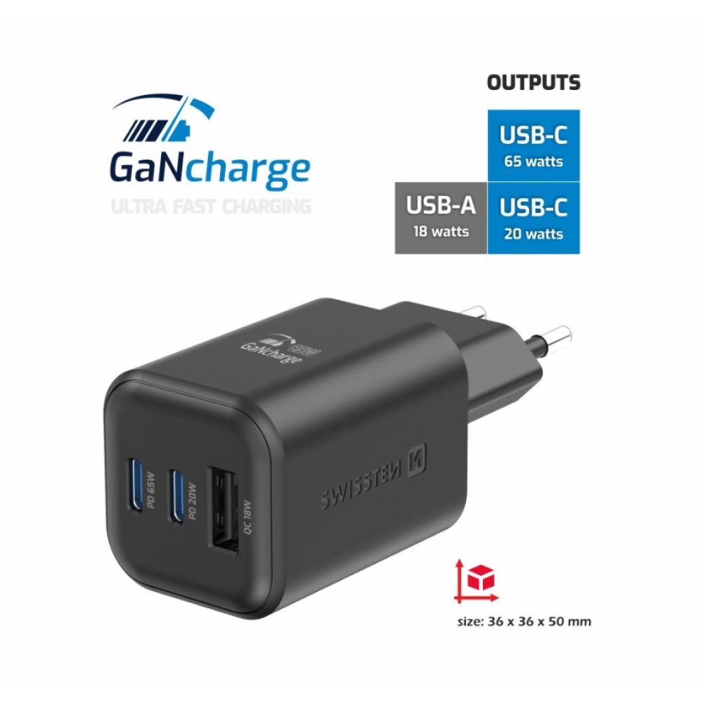 Swissten GaN töltő 2x USB-C 65W PD + 1x USB-A 18W QC - fekete