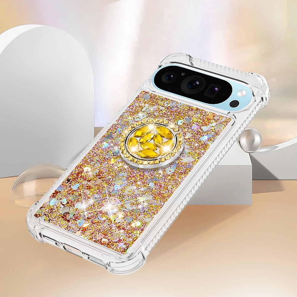 Glitt homokóra zselés tok ujjgyűrűvel a Google Pixel 10 számára - arany/szív