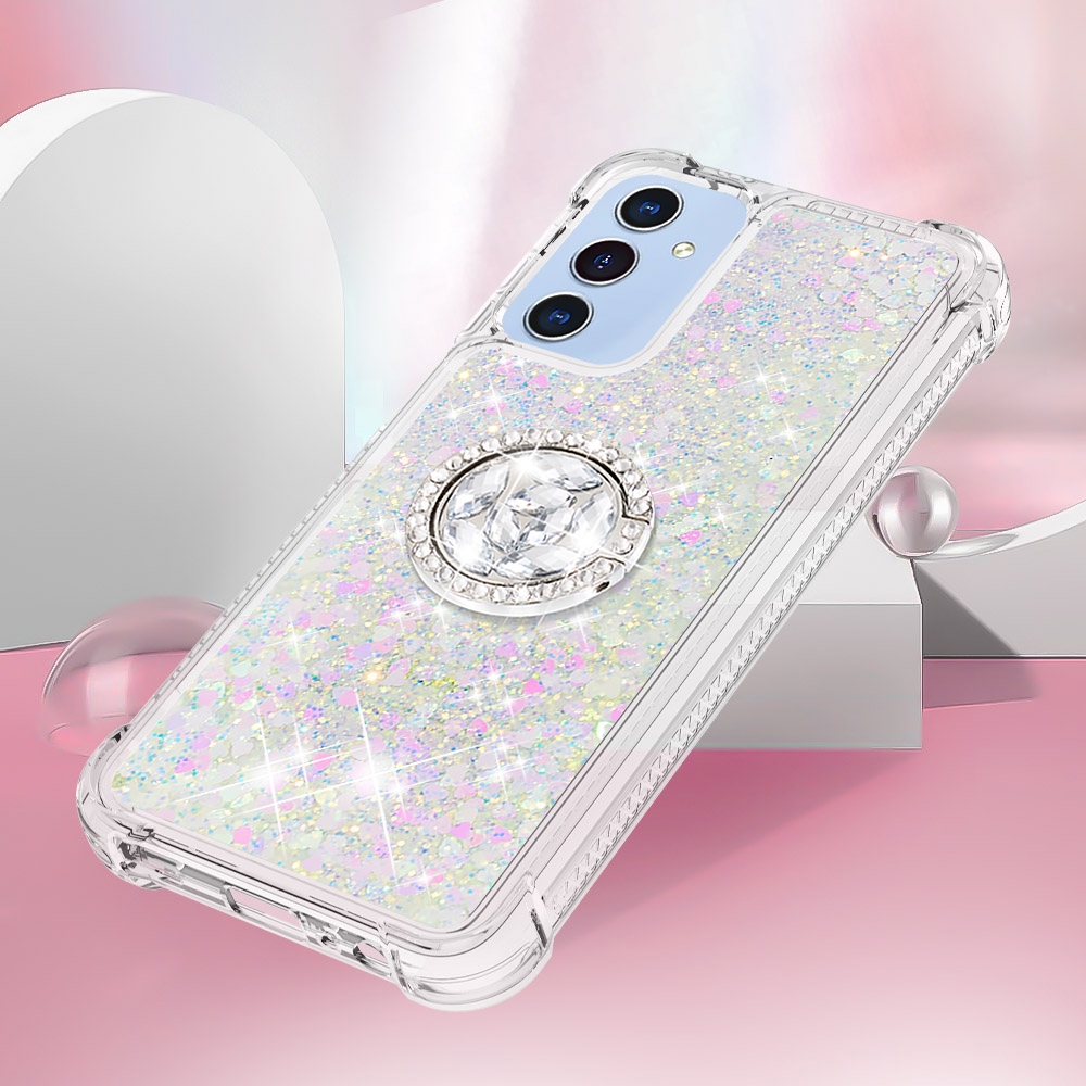 Glitt homokóra zselés tok ujjgyűrűvel Samsung Galaxy A17 5G-hez - rózsaszín/ezüst/szívecske