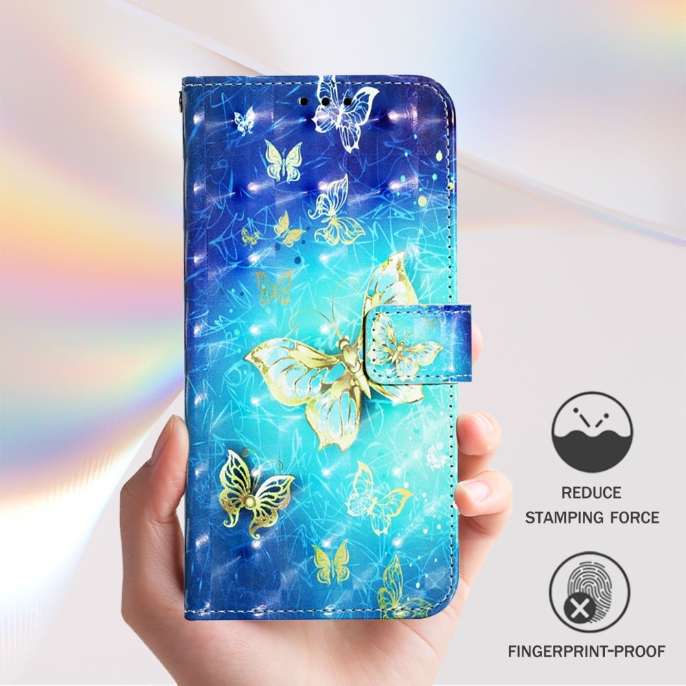 Patte könyv tok Samsung Galaxy M55 5G - kék és arany pillangókhoz