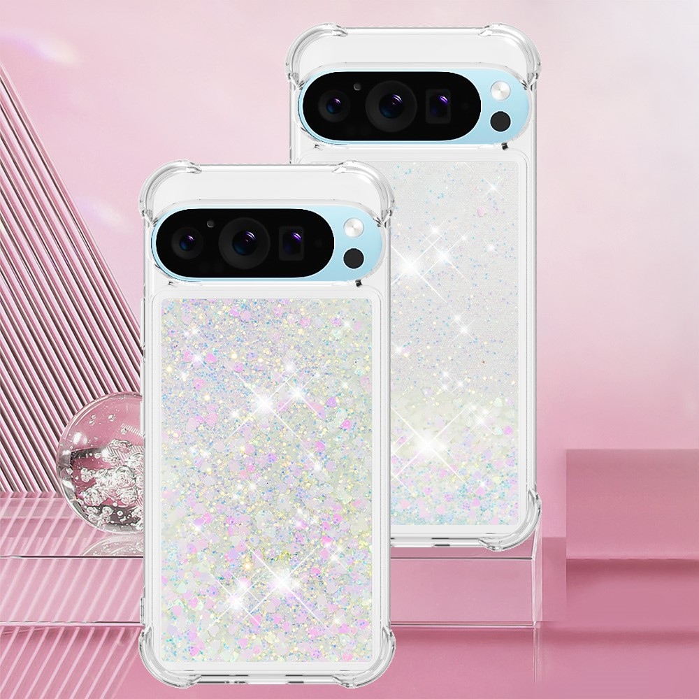 Csillogó homokóra zselés tok Google Pixel 10 Pro/Pixel 10 - rózsaszín/ezüst/szívecske